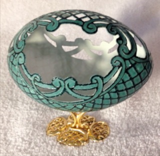 "Emerald Treasure" - An Emu egg carved by Katy Wilson